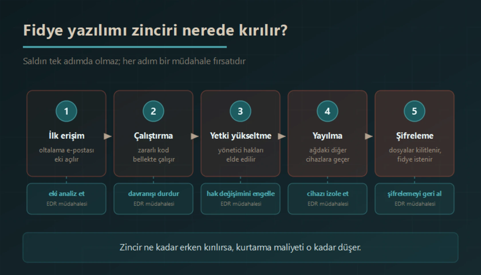 Fidye yazılımı saldırı zincirinin beş adımı — ilk erişim, çalıştırma, yetki yükseltme, ağda yayılma ve şifreleme — ile her adımda EDR'nin yapabileceği müdahale