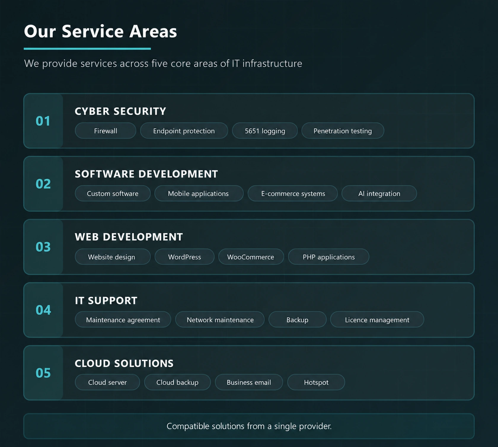 Cloud Bilişim service areas covering cyber security, software development, web development, IT support and cloud solutions.