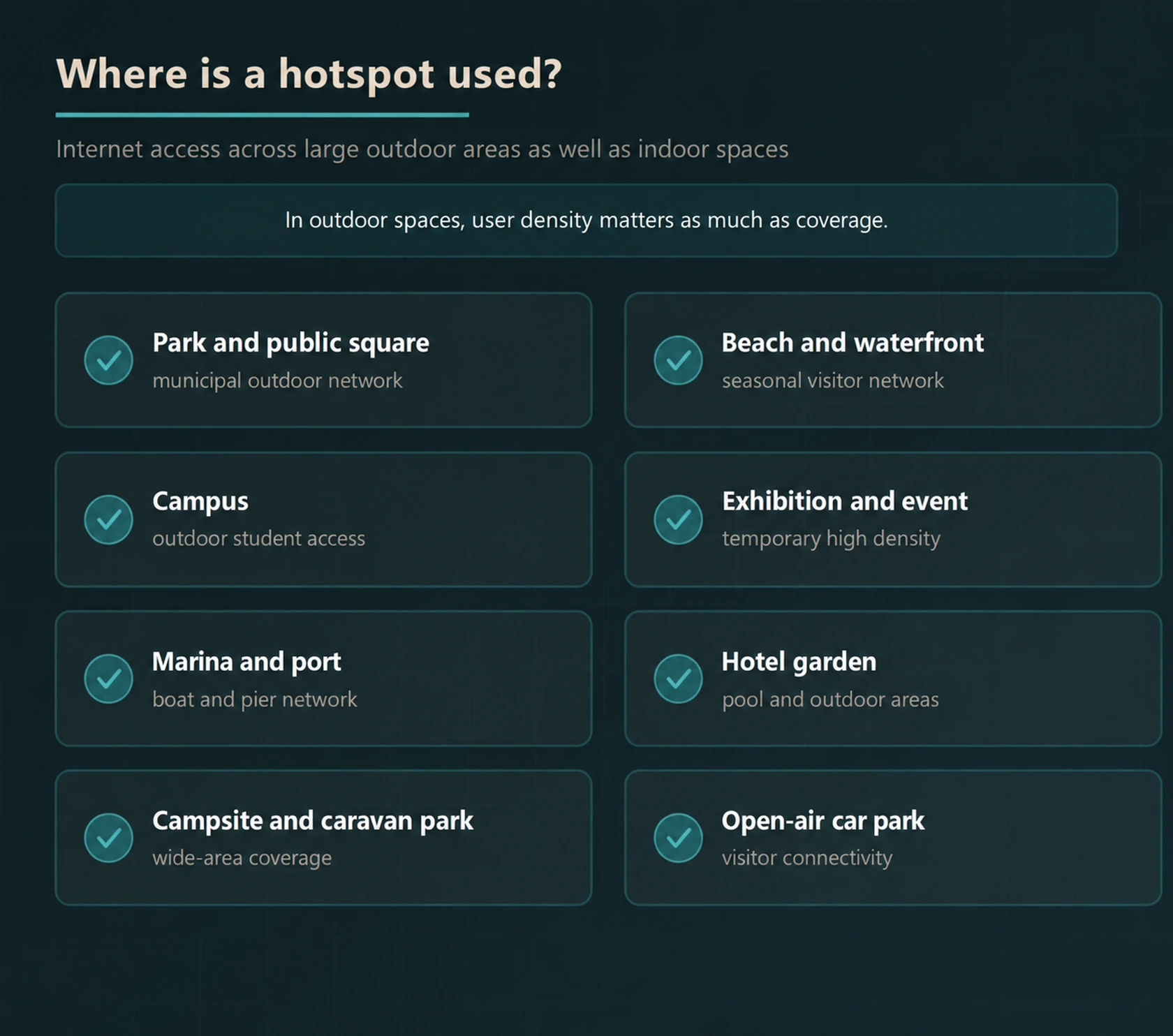 Outdoor hotspot use cases for parks, beaches, campuses, events, marinas, hotels, campsites and car parks.