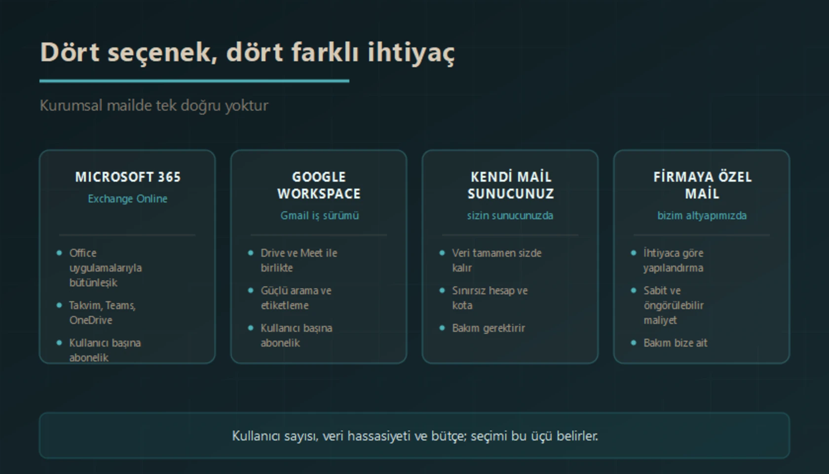 Dört kurumsal mail seçeneği: Microsoft 365 Exchange Online, Google Workspace, kendi sunucunuzda çalışan mail sunucusu ve bizim altyapımızda barındırılan firmaya özel mail hizmeti