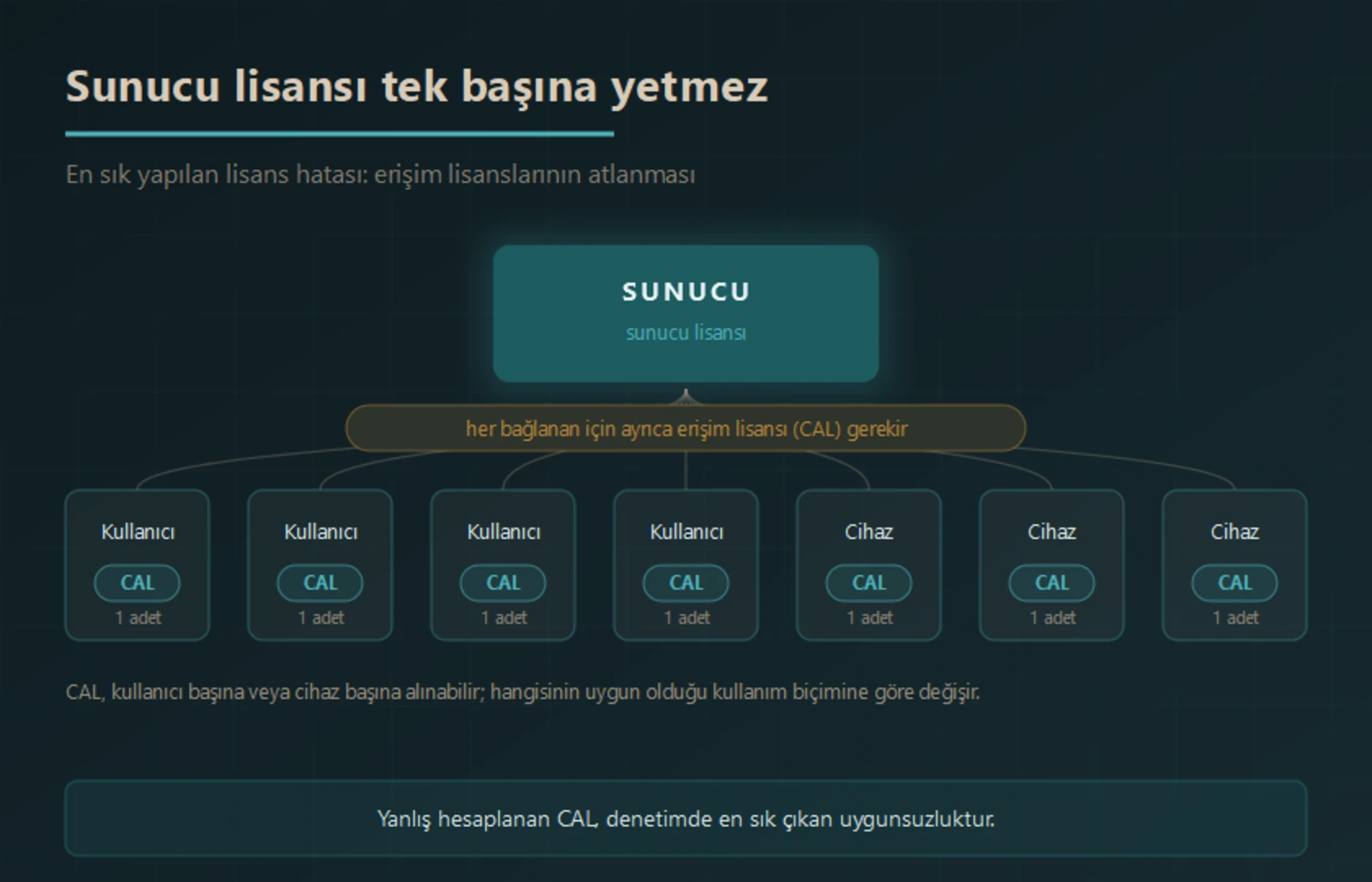 Sunucu lisansının tek başına yeterli olmadığını gösteren şema: sunucuya bağlanan her kullanıcı ve her cihaz için ayrıca CAL erişim lisansı gerekir