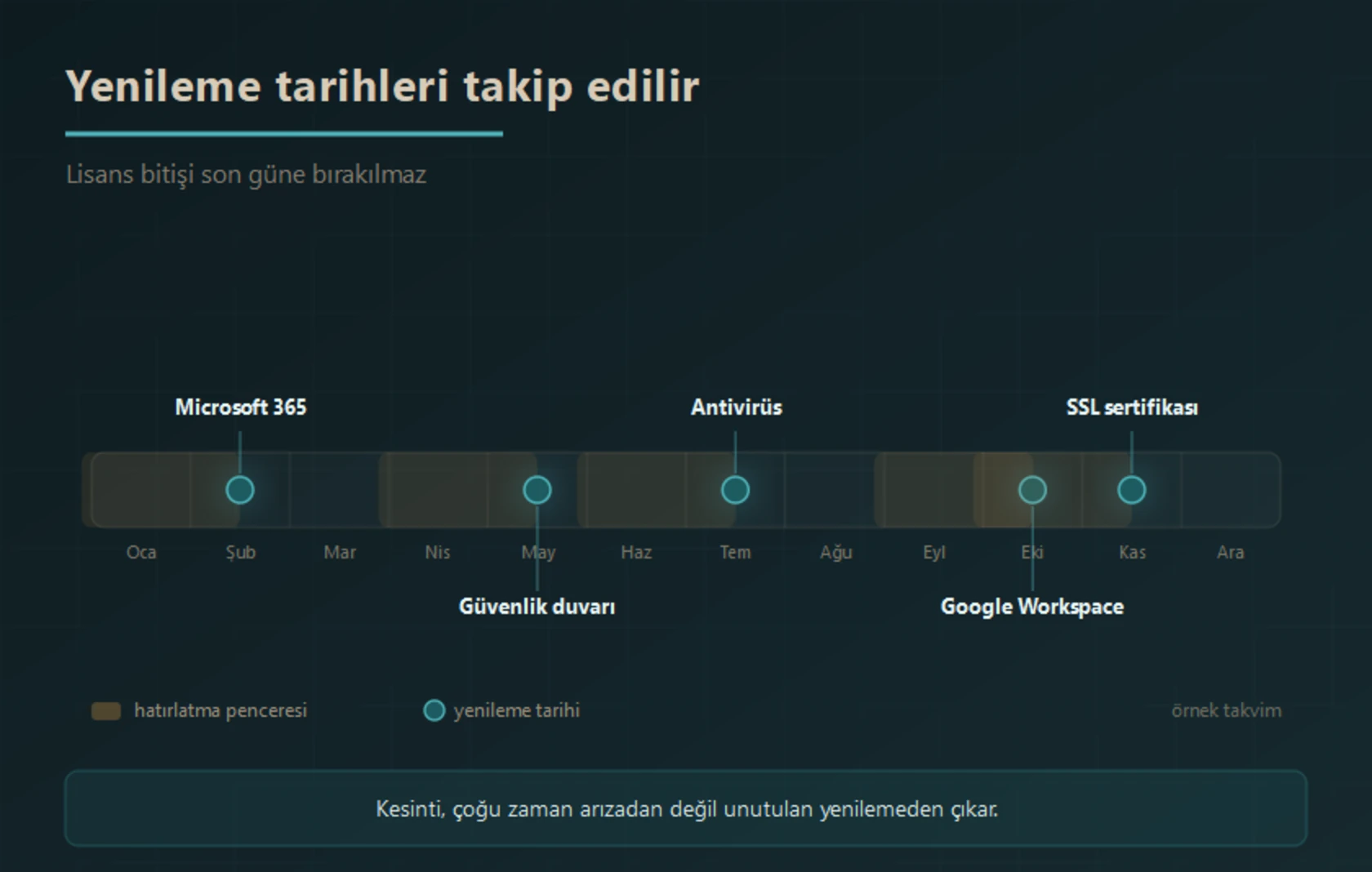 Örnek yıllık lisans yenileme takvimi: Microsoft 365, güvenlik duvarı, antivirüs, Google Workspace ve SSL sertifikası yenileme tarihleri ile her birinden önce gelen hatırlatma penceresi