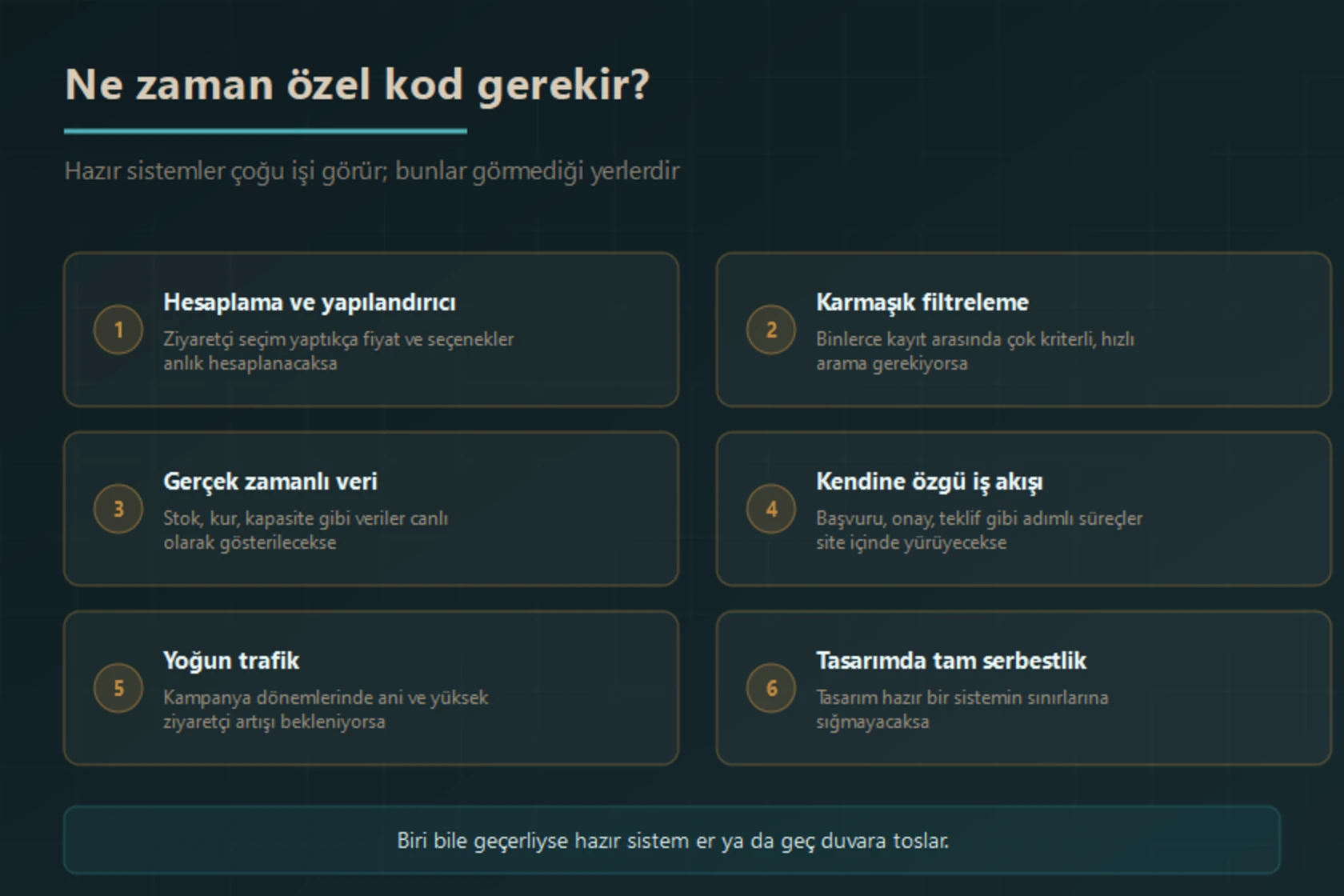 Hazır sistemlerin yetmediği durumlar: anlık hesaplama ve yapılandırıcı, çok kriterli karmaşık filtreleme, gerçek zamanlı veri gösterimi, kendine özgü iş akışları, yoğun trafik ve tasarımda tam serbestlik