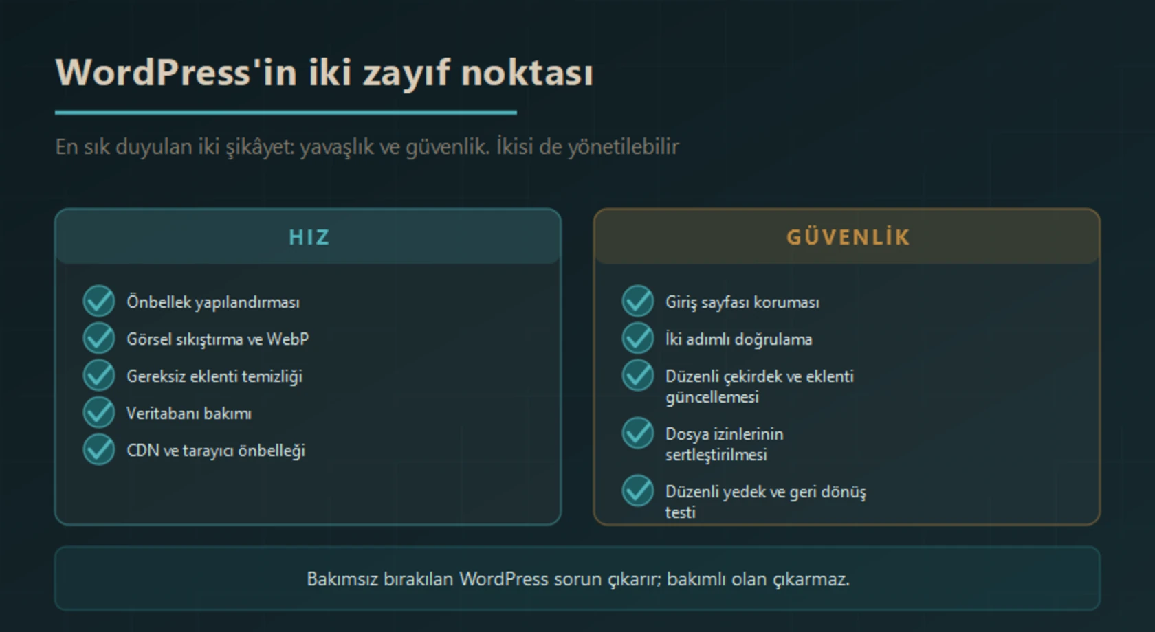 WordPress hız önlemleri: önbellek, görsel sıkıştırma ve WebP, gereksiz eklenti temizliği, veritabanı bakımı, CDN. Güvenlik önlemleri: giriş sayfası koruması, iki adımlı doğrulama, düzenli güncelleme, dosya izinlerinin sertleştirilmesi, yedek ve geri dönüş testi
